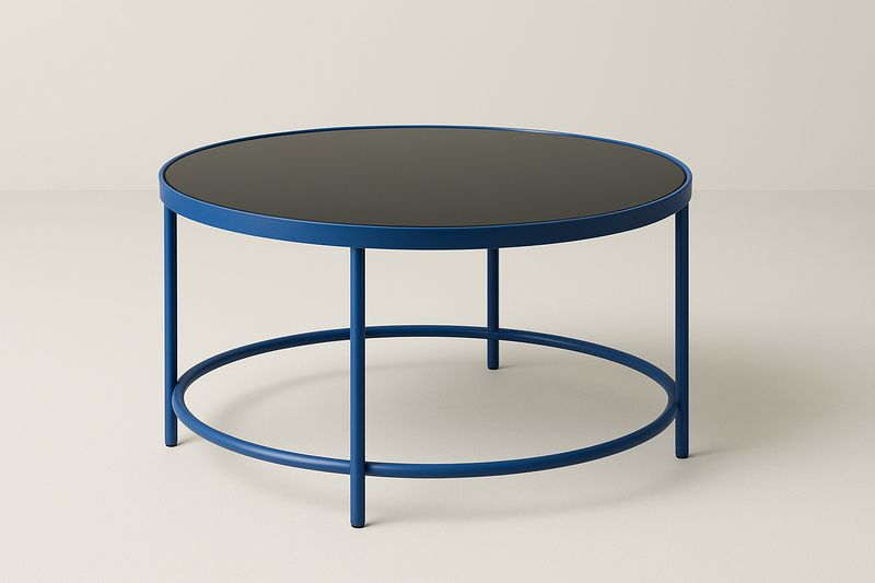 Mesa de café redonda azul y cristal negro diámetro 90 cm altura 45 cm-Vitaaurorabelle