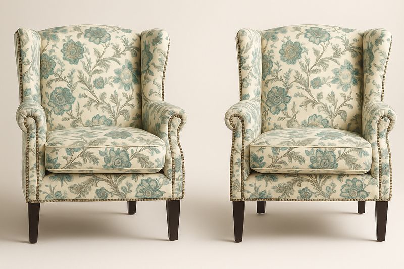 Set de 2 Sillones Orejeros Estilo Clásico Tela Algodón Estampado Floral Verde/Azul 75x90x105cm-Vitaaurorabelle