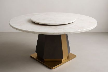 Mesa de comedor redonda de mármol blanco con base de acero inoxidable dorado 120cm/75cm-Vitaaurorabelle