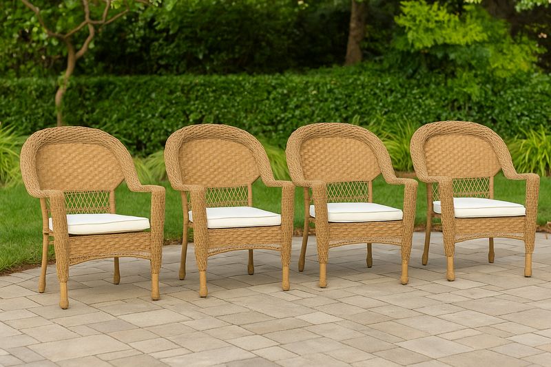 Juego de 4 Sillas de Exterior de Ratán Sintético Beige con Cojines de Poliéster Blanco-Vitaaurorabelle