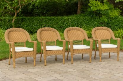 Juego de 4 Sillas de Exterior de Ratán Sintético Beige con Cojines de Poliéster Blanco-Vitaaurorabelle