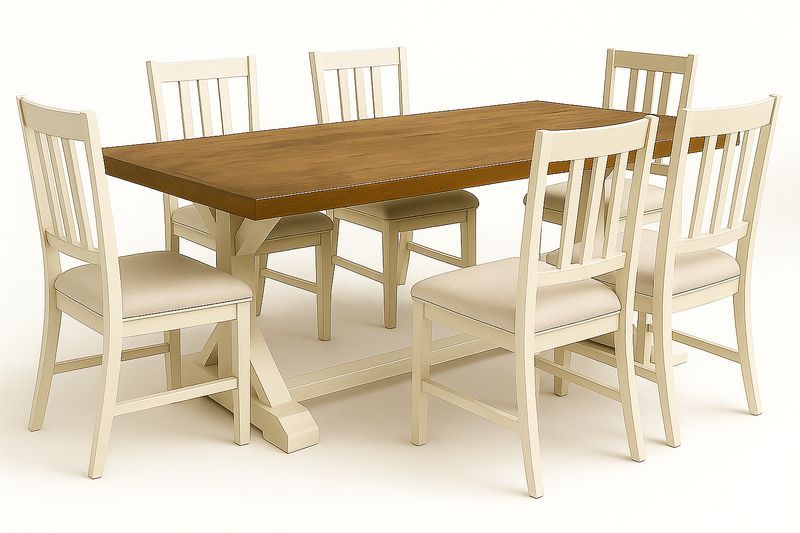 Conjunto de mesa rectangular de roble macizo y 6 sillas de madera de pino crema 180x90x75 cm-Vitaaurorabelle