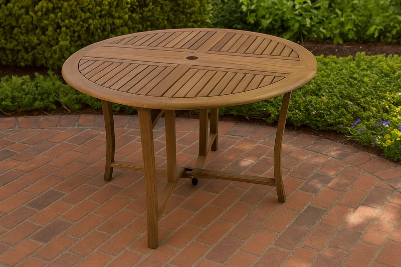 Mesa redonda de exterior de teca con agujero para sombrilla diámetro 120 cm-Vitaaurorabelle