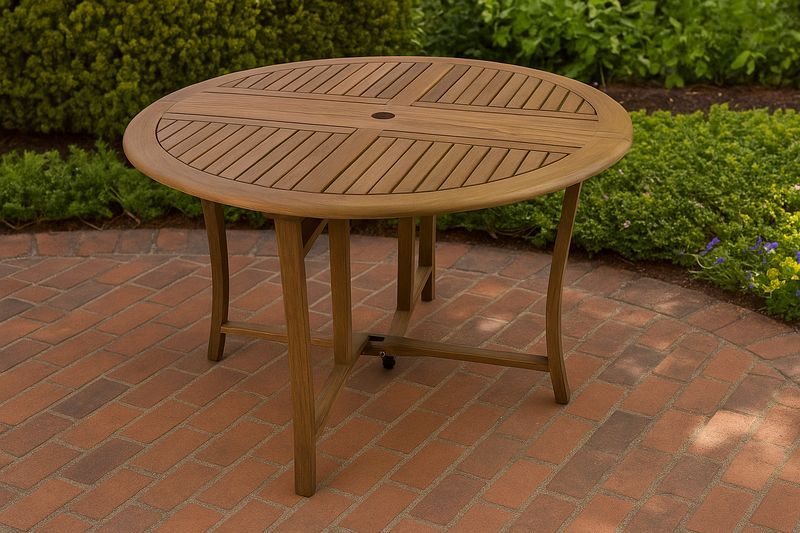 Mesa redonda de exterior de teca con agujero para sombrilla diámetro 120 cm-Vitaaurorabelle