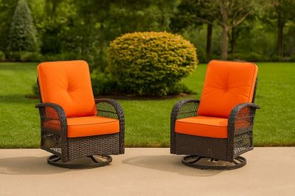 Juego de 2 sillas giratorias de exterior color naranja cojines de poliéster estructura de ratán sintético 75x75x90cm-Vitaaurorabelle