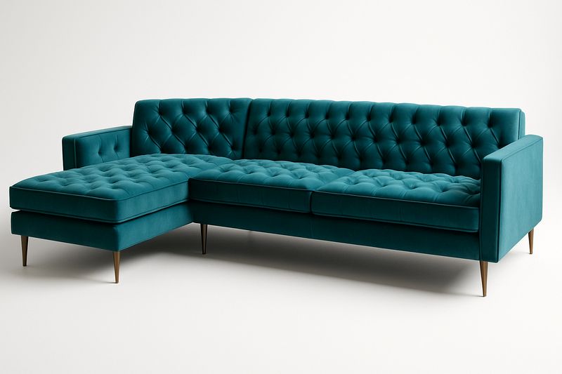 Sofá de Esquina Tapizado en Terciopelo Turquesa con Patas de Madera 280cm x 160cm x 80cm-Vitaaurorabelle