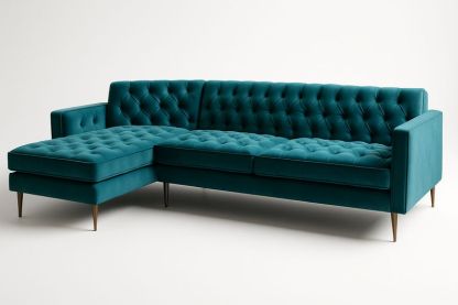 Sofá de Esquina Tapizado en Terciopelo Turquesa con Patas de Madera 280cm x 160cm x 80cm-Vitaaurorabelle