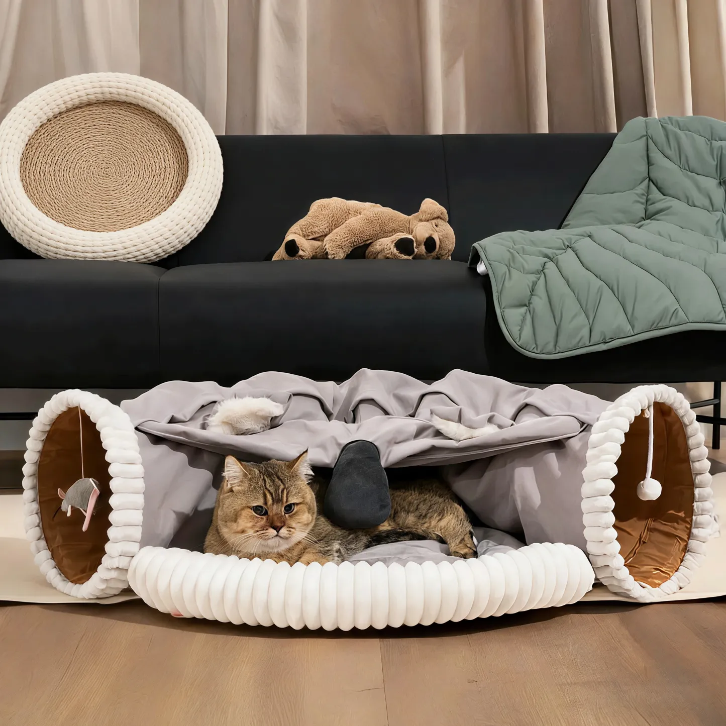 Prof-Vet Letto Tunnel per Gatti Pieghevole 2-in-1 con Cuccia e Gioco Interattivo
