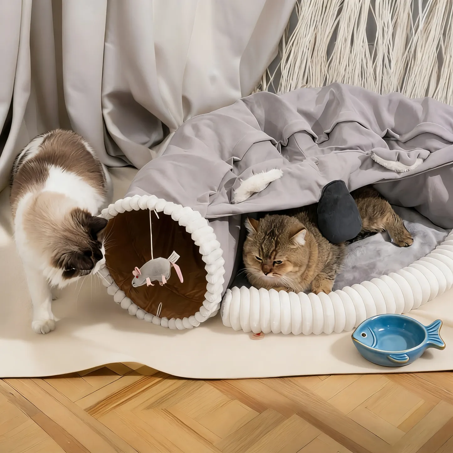 Prof-Vet Letto Tunnel per Gatti Pieghevole 2-in-1 con Cuccia e Gioco Interattivo