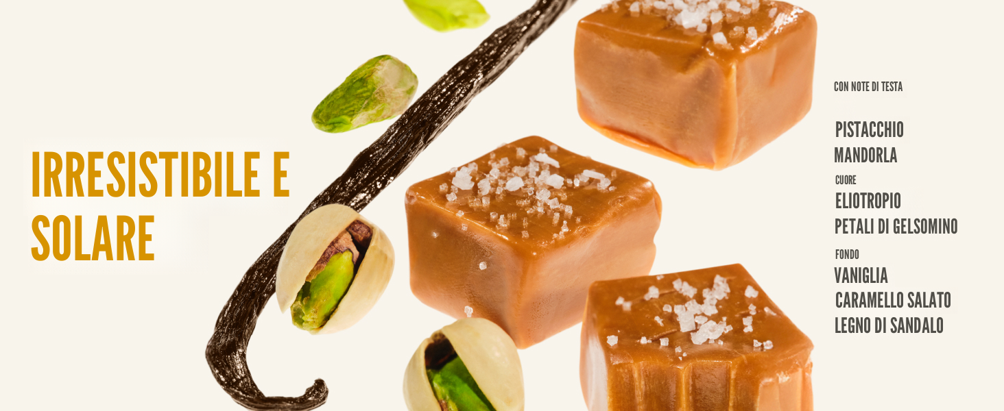 Il testo dice 'IRRESISTIBILE E SOLARE'. Fotografia del prodotto di confezioni color caramello con guarnizioni verdi su sfondo bianco.