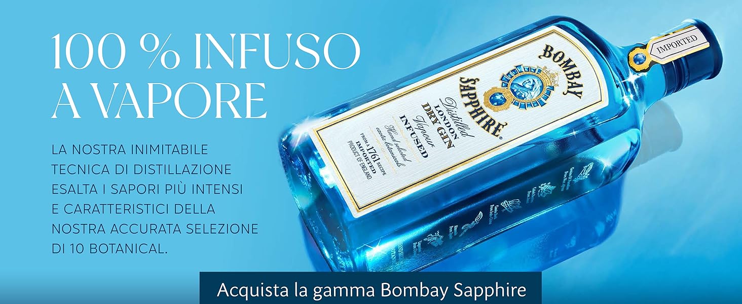 Il testo recita «Bombay Sapphire» e «100% INFUSO A VAPORE». Diverse bottiglie di gin blu mostrate in formato banner promozionale su sfondo blu chiaro.
