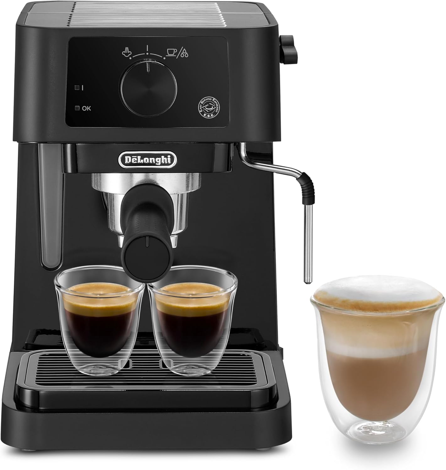 De'Longhi Stilosa EC235.BK Macchina manuale da Caffè Espresso e Cappuccino, Caffè in Polvere o in Cialde E.S.E., Montalatte classico per Cappuccini, serbatoio 1L, 1100W, Caldaia Acciaio Inox, Nero [Classe di efficienza energetica A+]