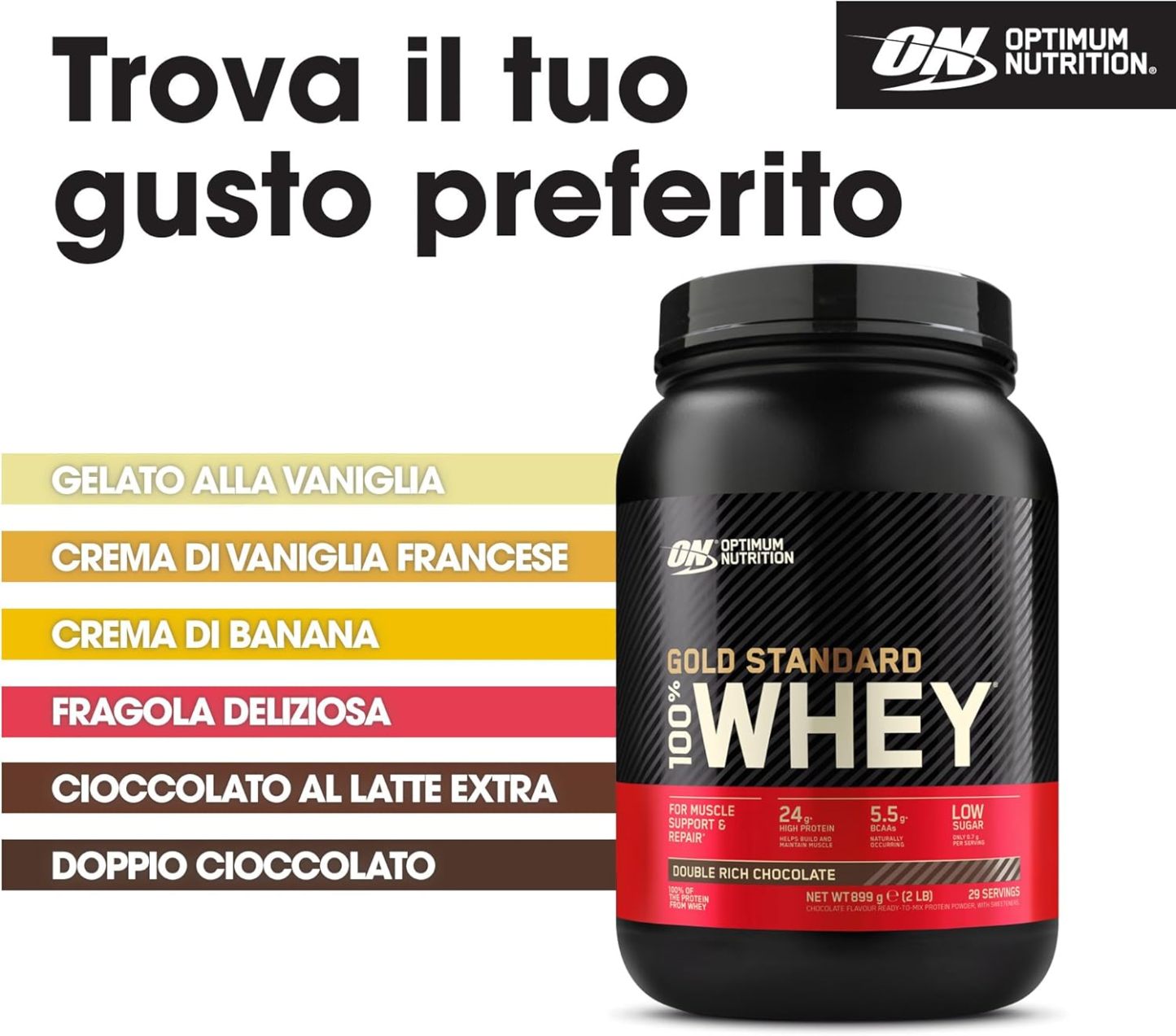 Optimum Nutrition Gold Standard 100% Whey, Protein Powder, Double Chocolate Flavour, 900 g, 29 Servings