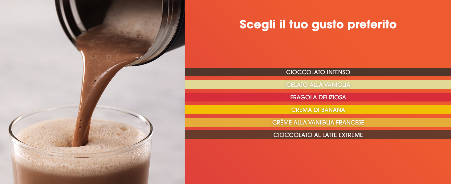 Il testo recita: &laquo;through it live guide protection&raquo; con liquido al cioccolato versato in un contenitore trasparente su sfondo a strisce arancioni e gialle.