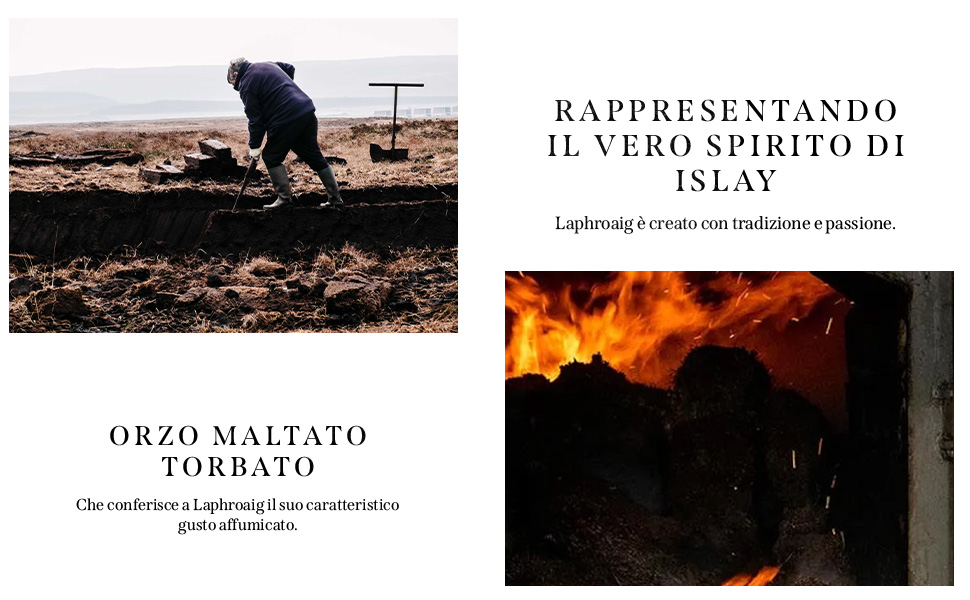 Il testo recita &laquo;RAPPRESENTANDO IL VERO SPIRITO DI ORZO MALTATO TORBATO&raquo;. Raccolta di immagini lunatiche di paesaggi e incendi con contenuti di marketing relativi al whisky.