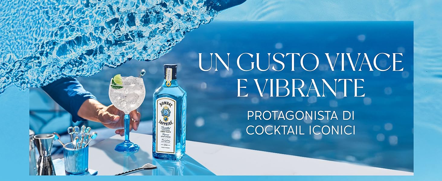 Il testo recita 'UN GUSTO VIVACE E VIBRANTE' con 'COCKTAIL ICONICI' sotto. Banner pubblicitario colorato di blu che mostra bottiglie e bicchieri per bevande su uno sfondo ghiacciato