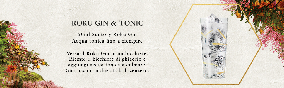 Il testo recita «RONI GIN &amp; TONIC». Layout fotografico del prodotto con elementi di design esagonali e sovrapposizioni di testo in stile minimale.