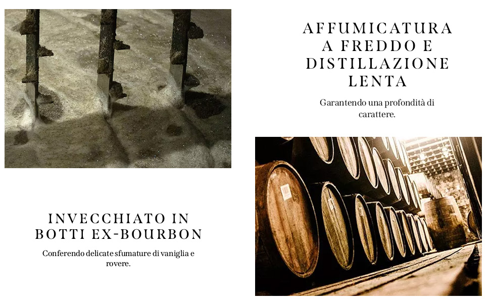 Il testo recita &laquo;AFFINIGATURA A FREDDO E DISTILLAZIONE LENTA&raquo;. Diverse botti di vino in legno conservate in una cantina buia o in una stanza di invecchiamento, creando una prospettiva atmosferica lungo il corridoio.