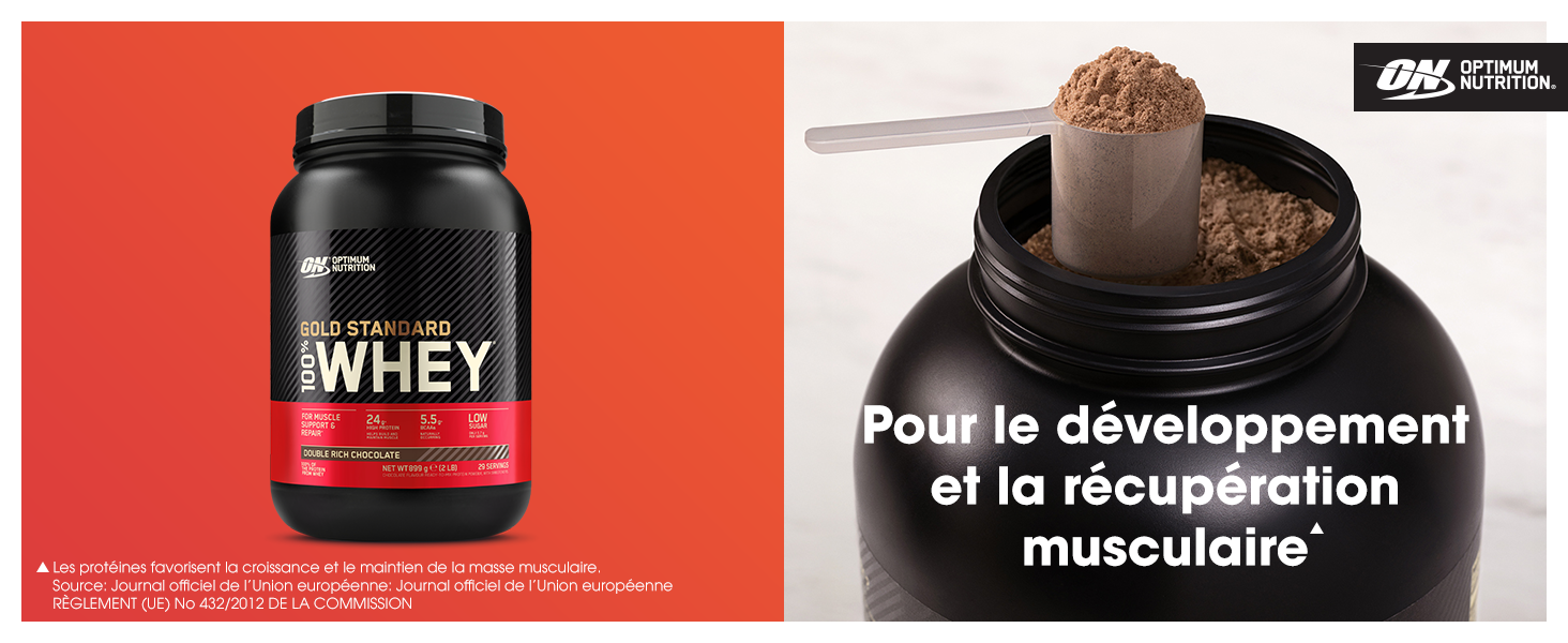Il testo recita &laquo;WHEY&raquo; su un contenitore nero di proteine in polvere su sfondo rosso. Testo francese sullo sviluppo muscolare visibile nel secondo pannello.