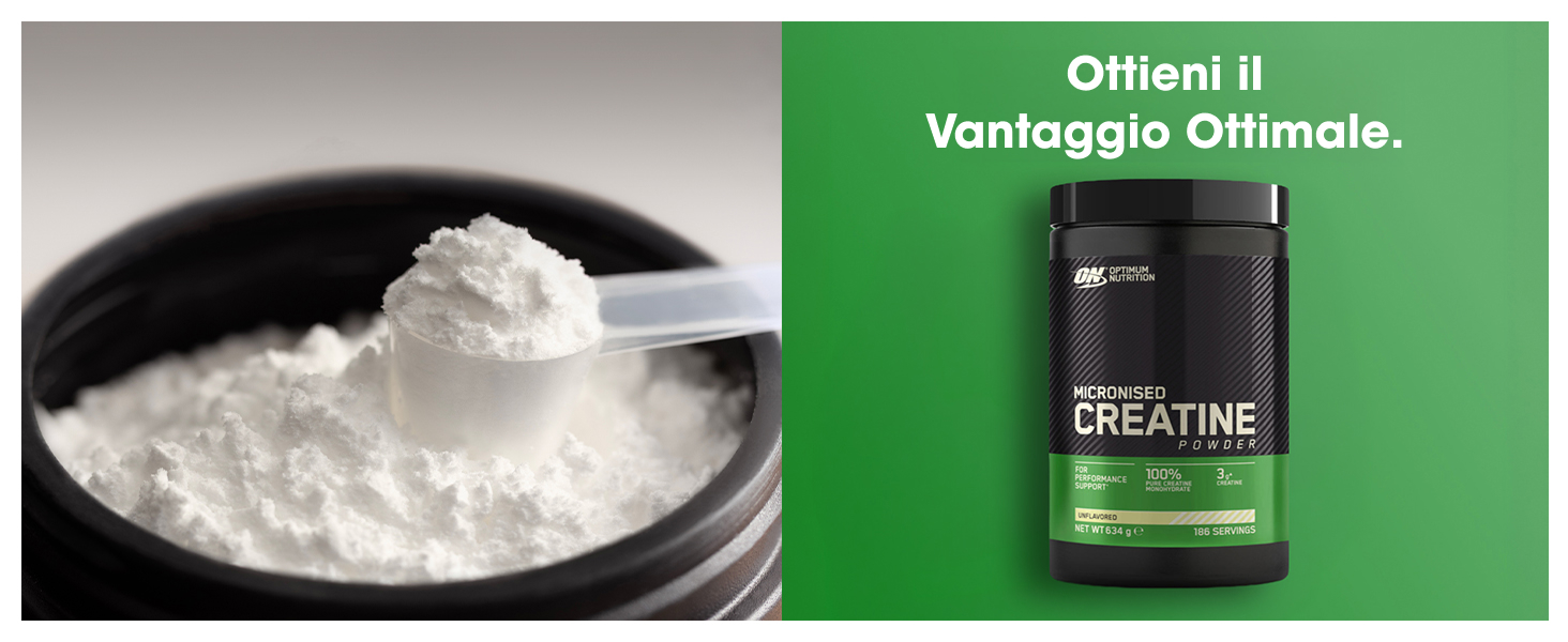 Il testo dice 'Ottieni il Vantaggio Ottimale', 'CREATINE'. Contenitore di integratore nero con polvere bianca misurata o raccolta accanto su sfondo verde.