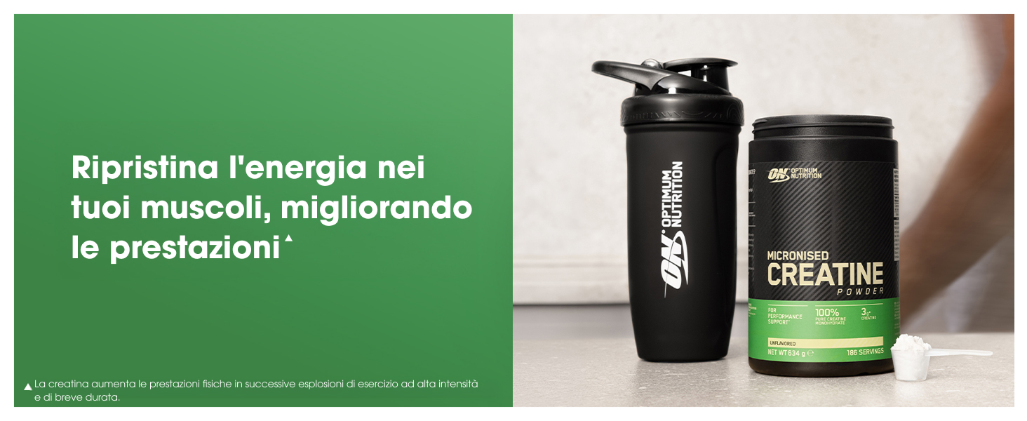 Il testo recita 'Ripristina l'energia nei tuoi muscoli, migliorando le prestazioni'. Esposizione di contenitori di integratori per il fitness neri e verdi su sfondo verde.
