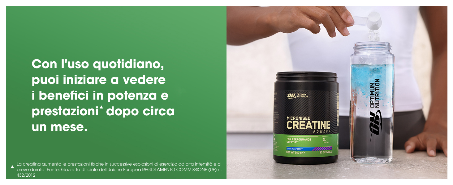 Il testo recita &laquo;Con l'uso quotidiano, puoi iniziare a vedere i benefici in palestra e durante l'allenamento dopo un mese&raquo;. Mostra il contenitore degli integratori e la scena dell'allenamento.