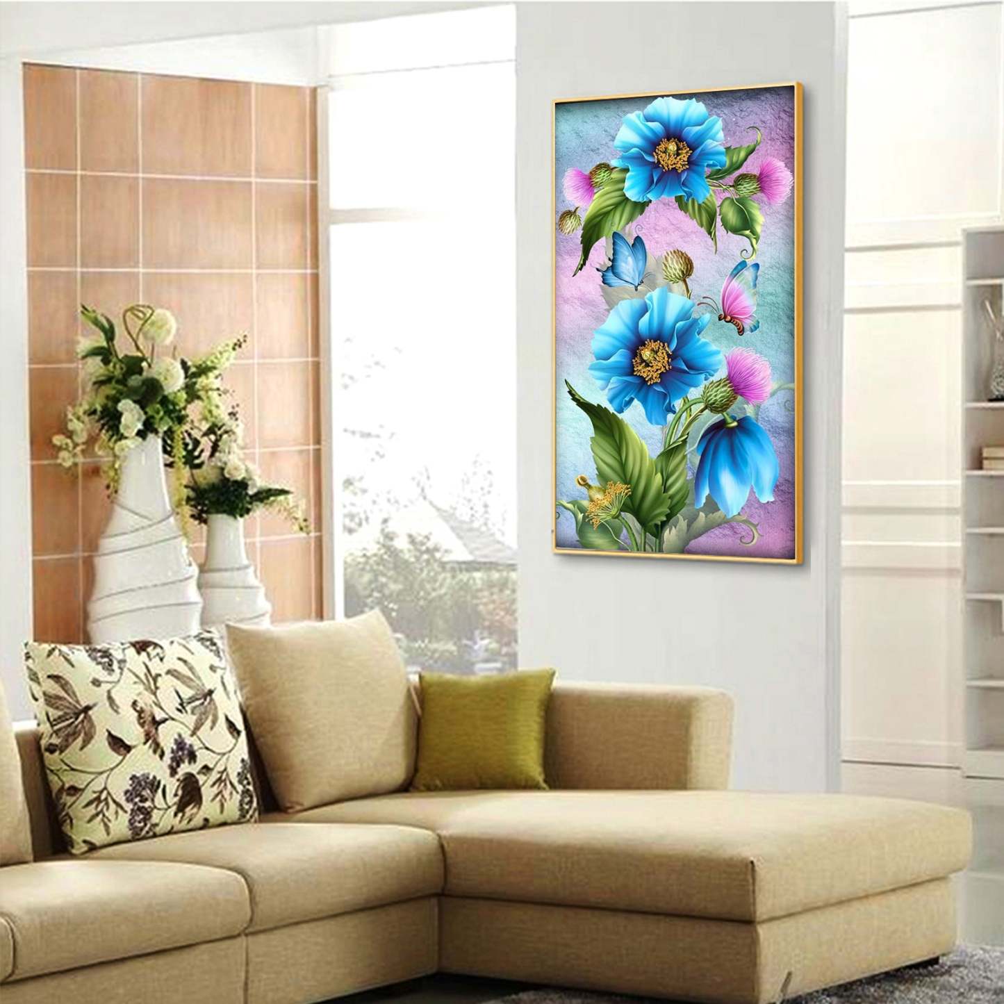 Blue flower  Butterfly- Full Round Diamond Painting - 30x55cm