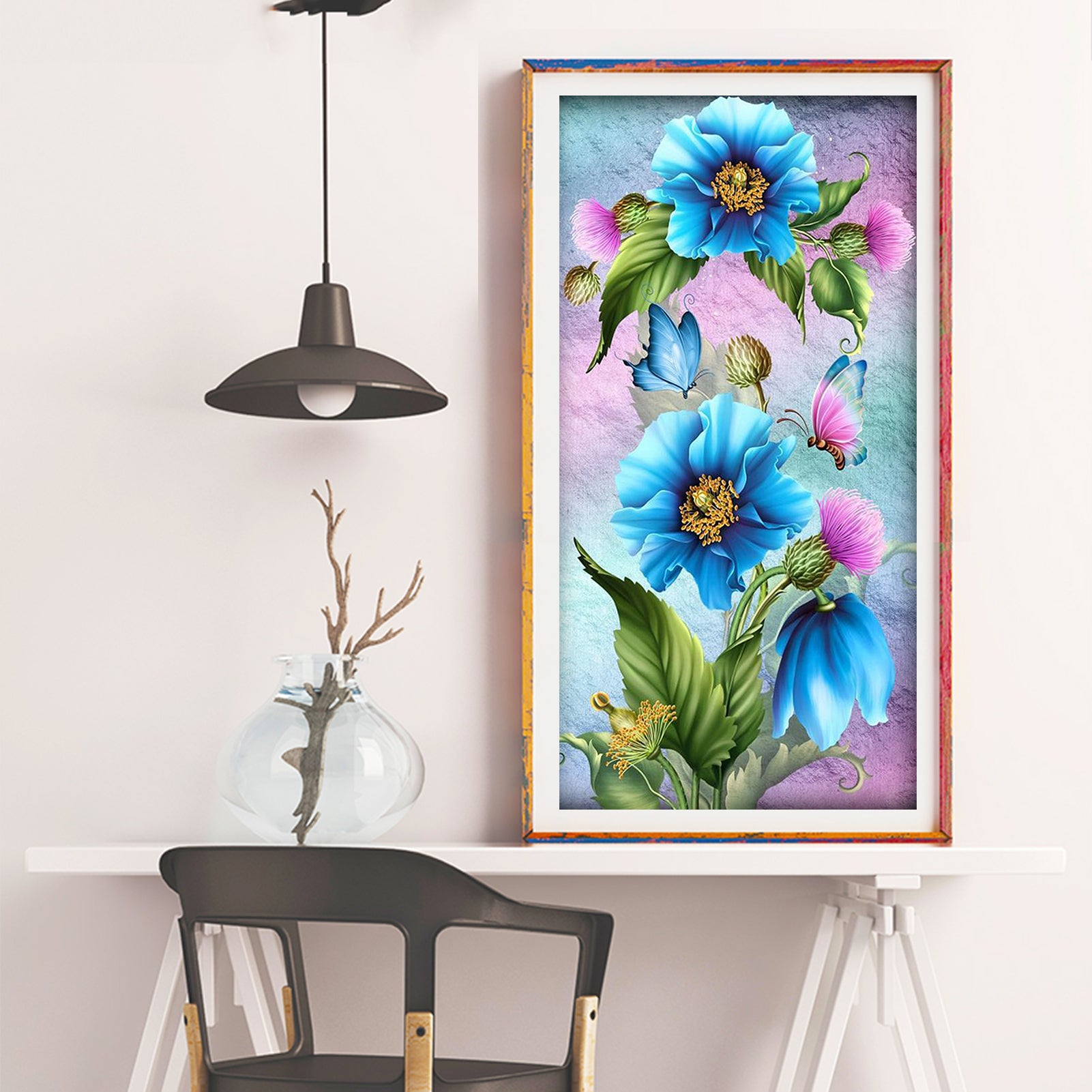Blue flower  Butterfly- Full Round Diamond Painting - 30x55cm