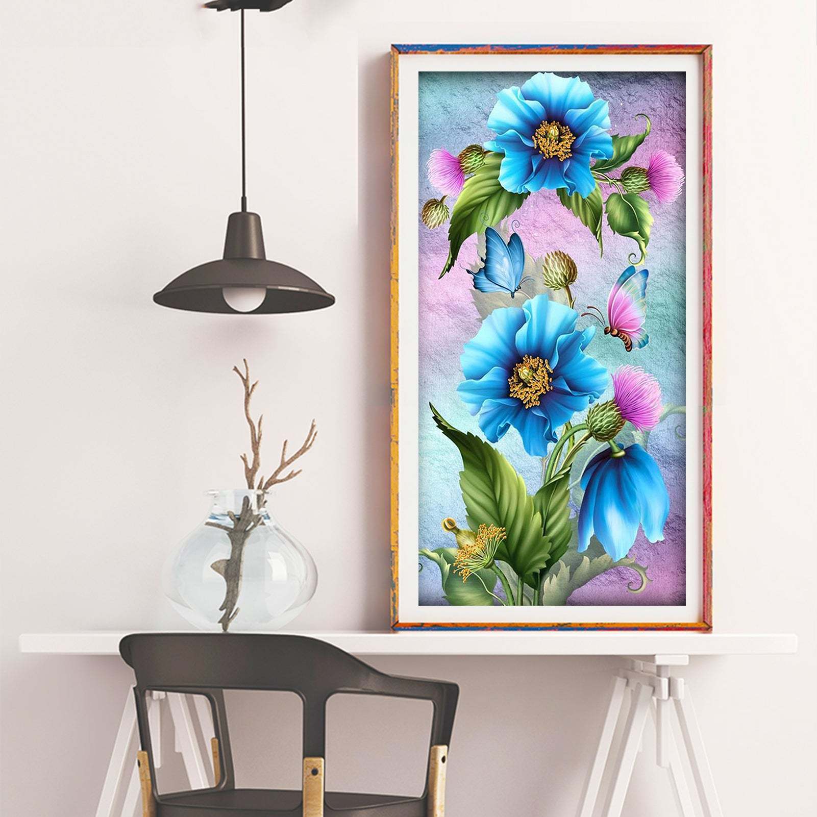 Blue flower  Butterfly- Full Round Diamond Painting - 30x55cm