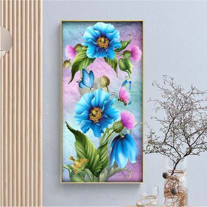 Blue flower  Butterfly- Full Round Diamond Painting - 30x55cm