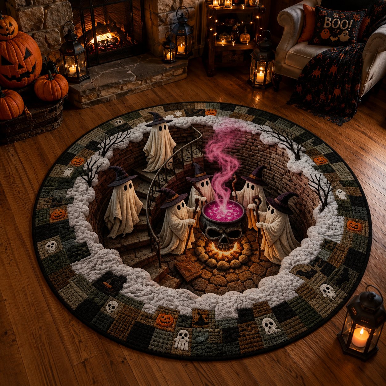 Spooky Halloween Optical Illusion-3D Haunted Staircase Round Rug