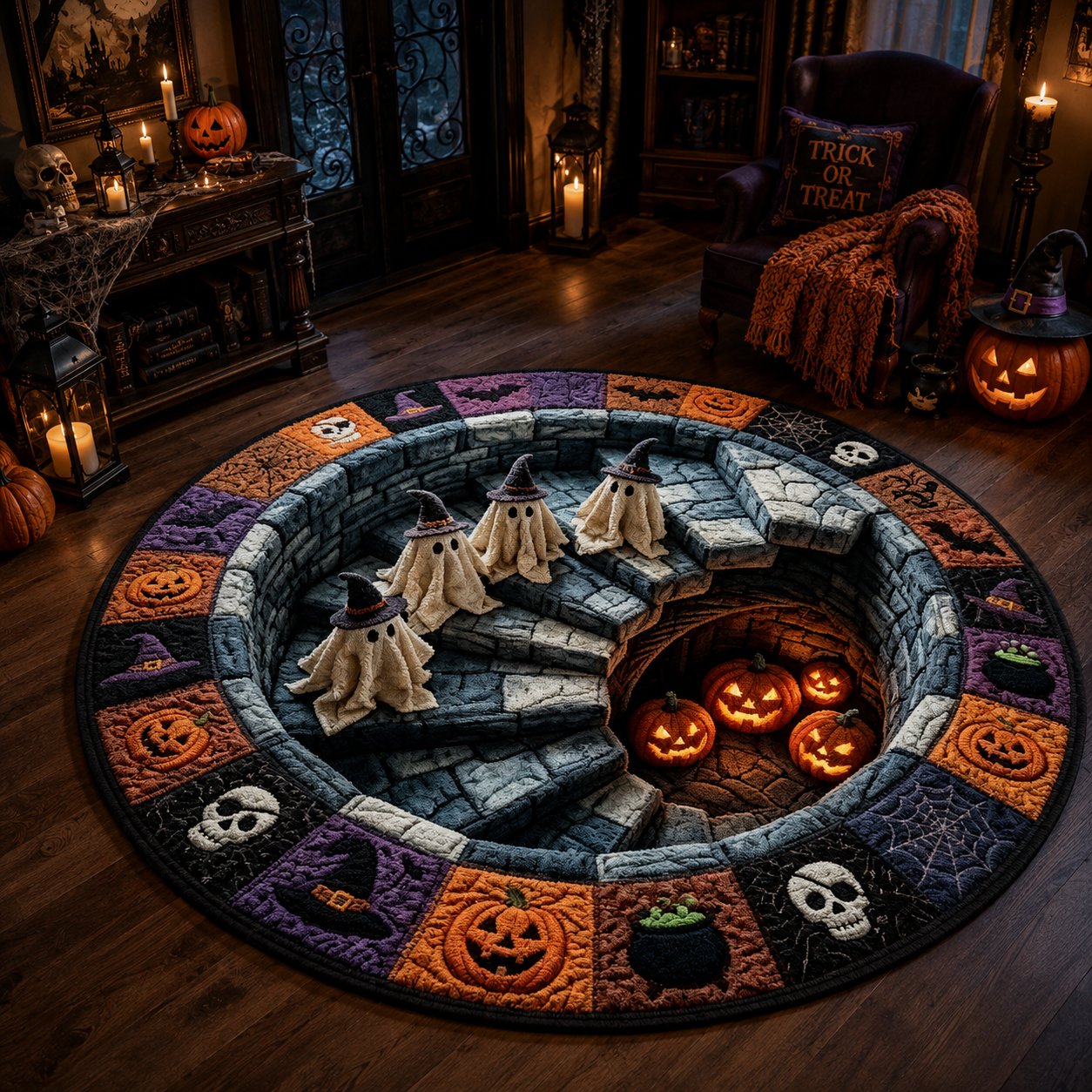 Spooky Halloween Optical Illusion-3D Haunted Staircase Round Rug