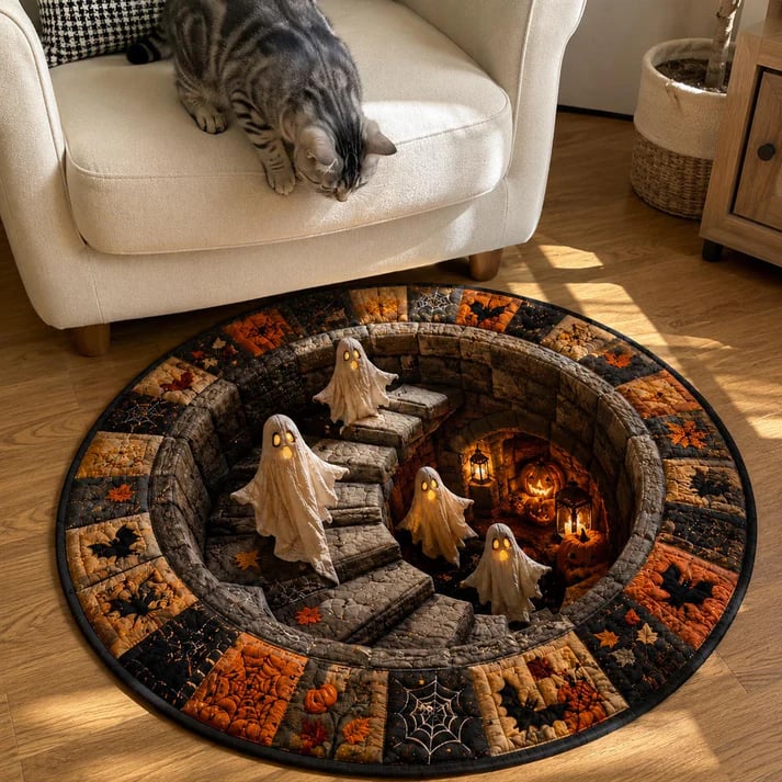 Spooky Halloween Optical Illusion-3D Haunted Staircase Round Rug