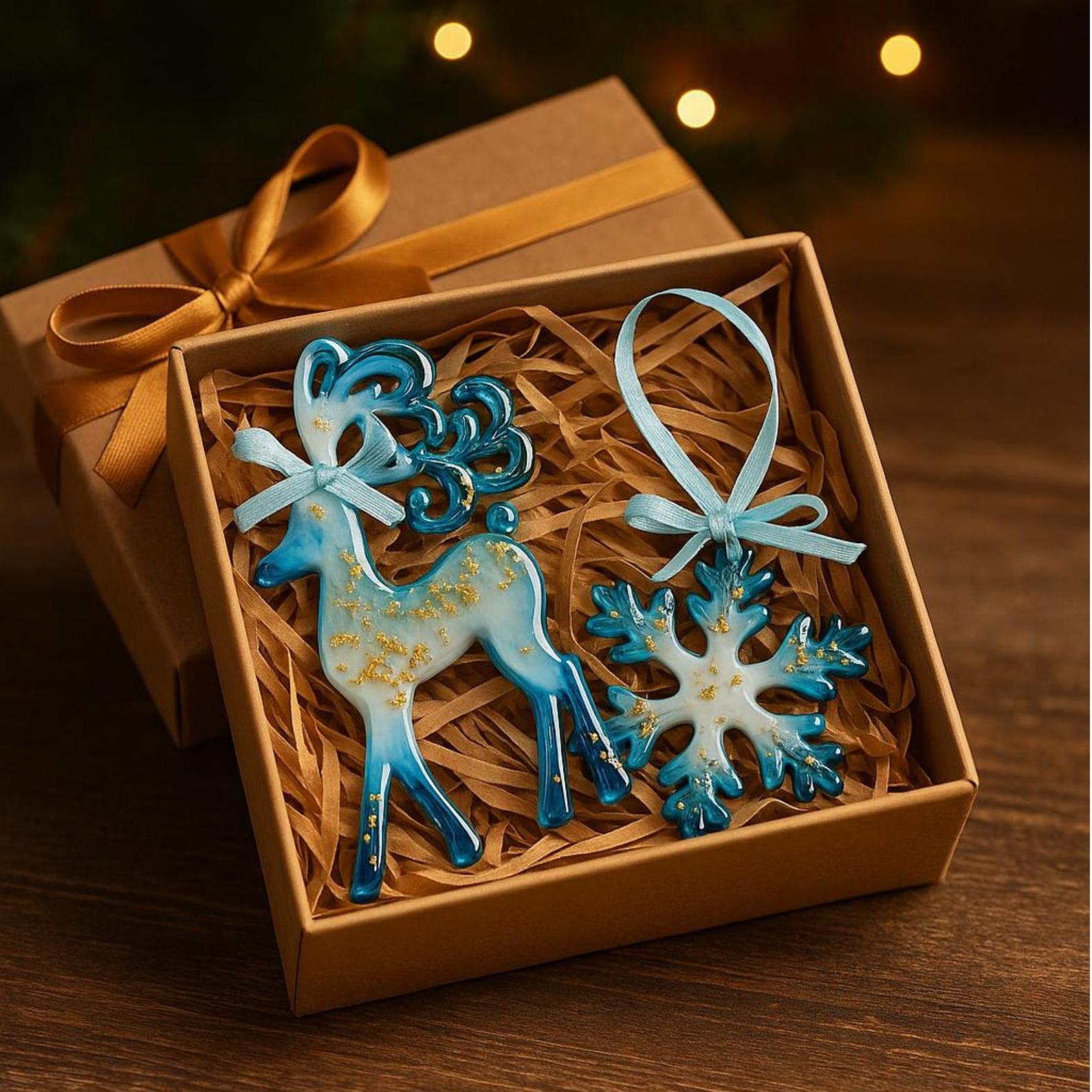 Handmade Resin Christmas Ornaments: Blue and Gold Holiday Decor