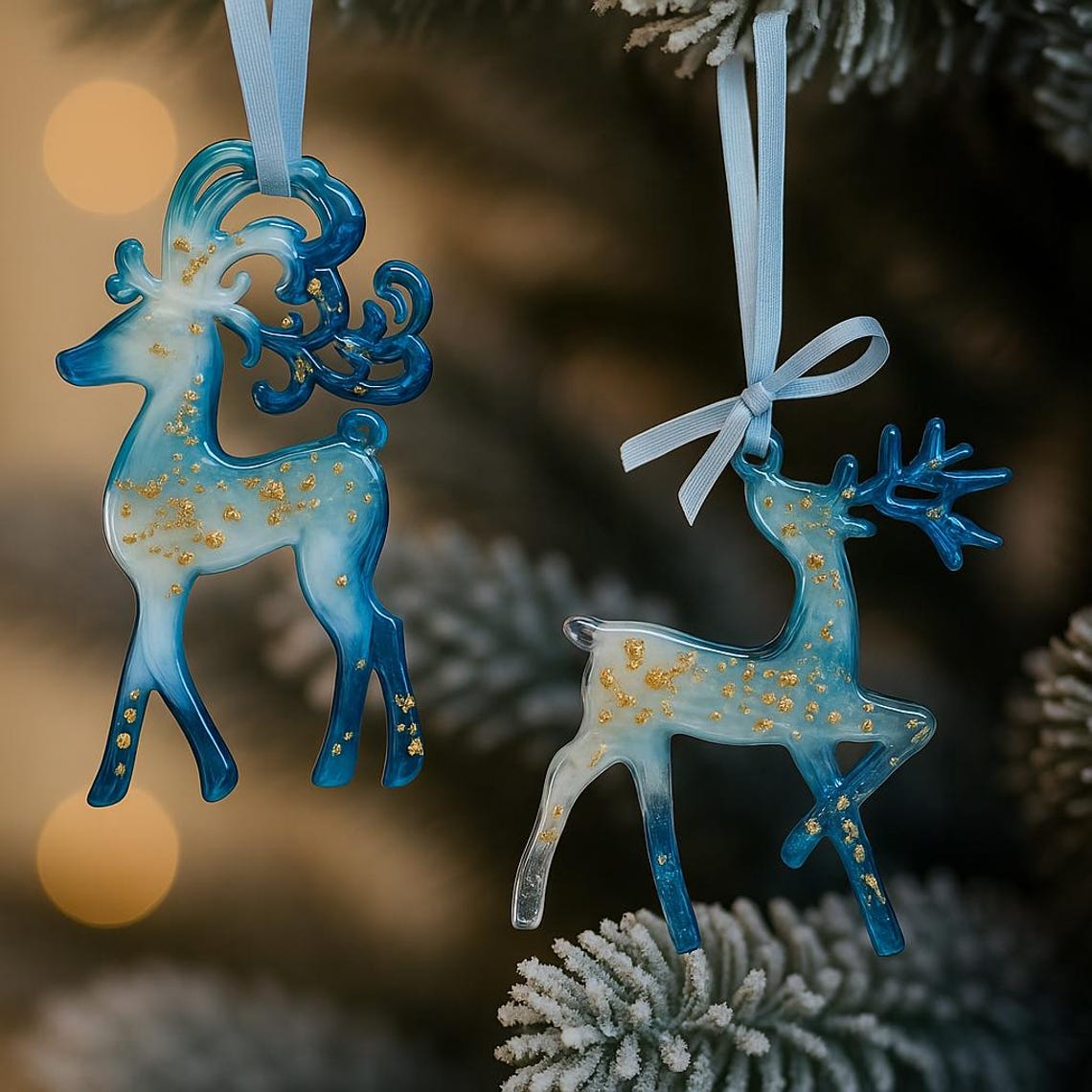 Handmade Resin Christmas Ornaments: Blue and Gold Holiday Decor