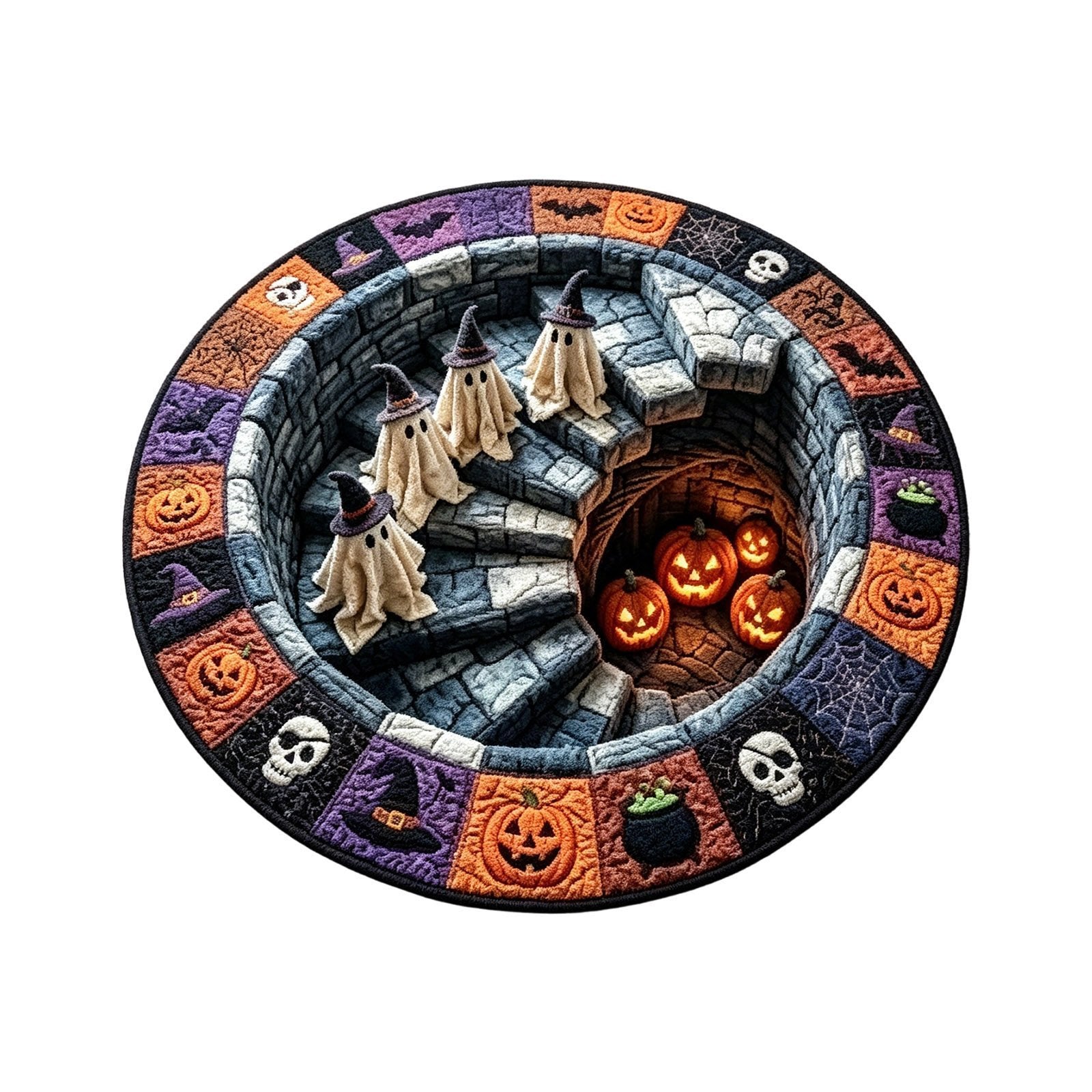 Spooky Halloween Optical Illusion-3D Haunted Staircase Round Rug