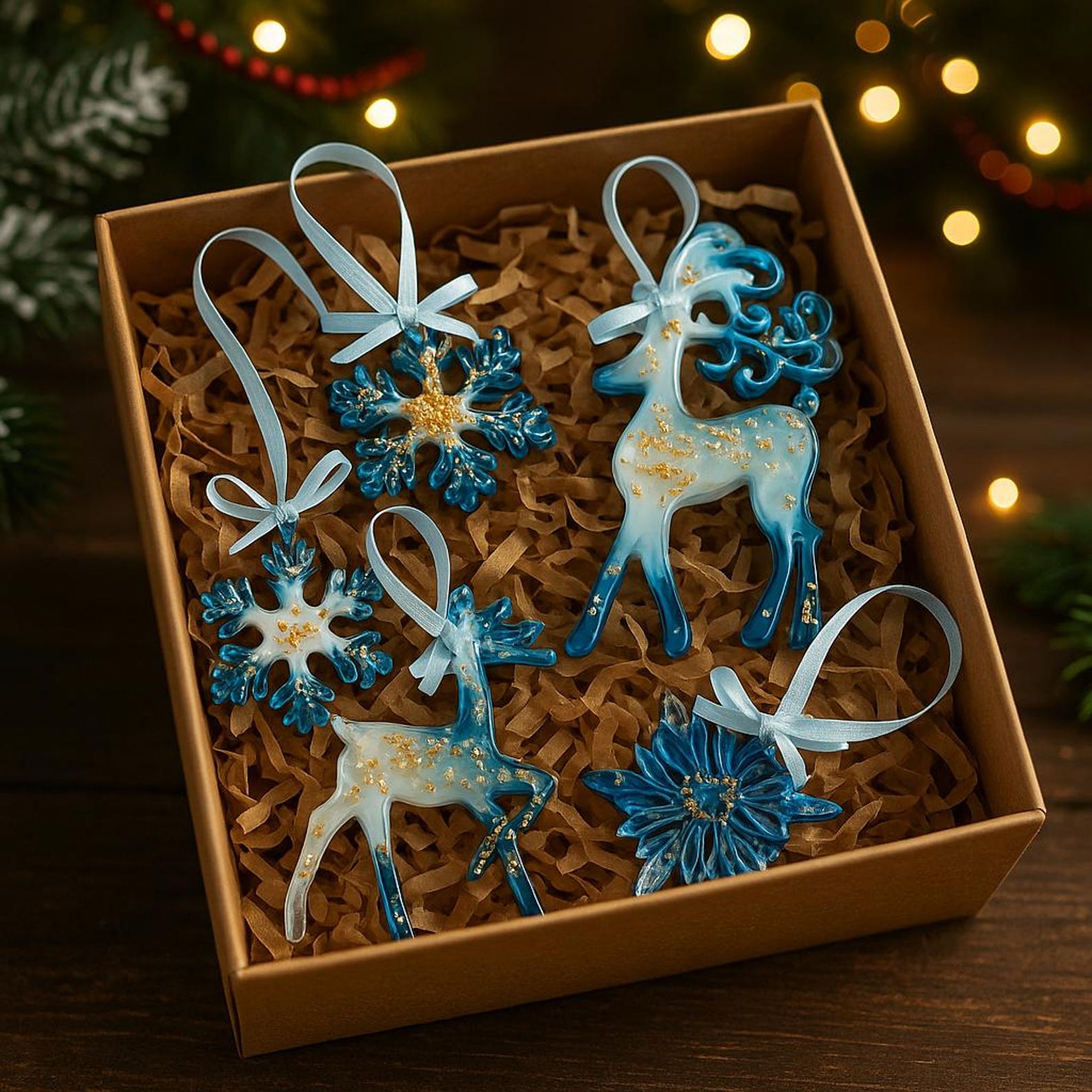 Handmade Resin Christmas Ornaments: Blue and Gold Holiday Decor