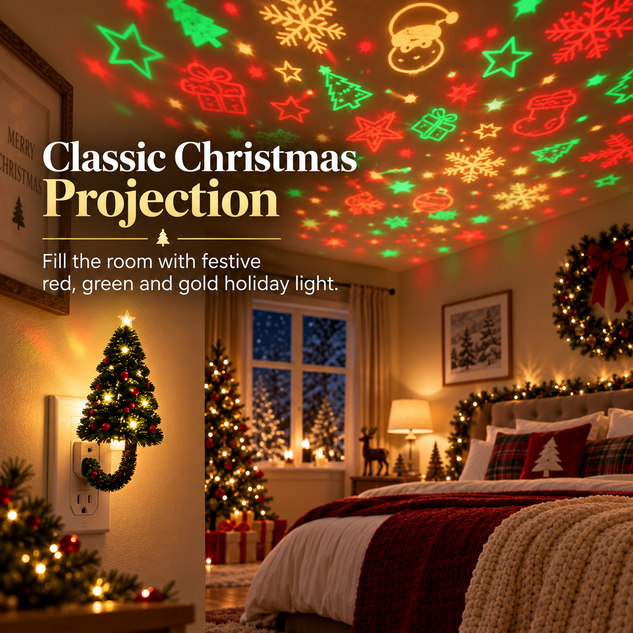 Red green gold Christmas projection