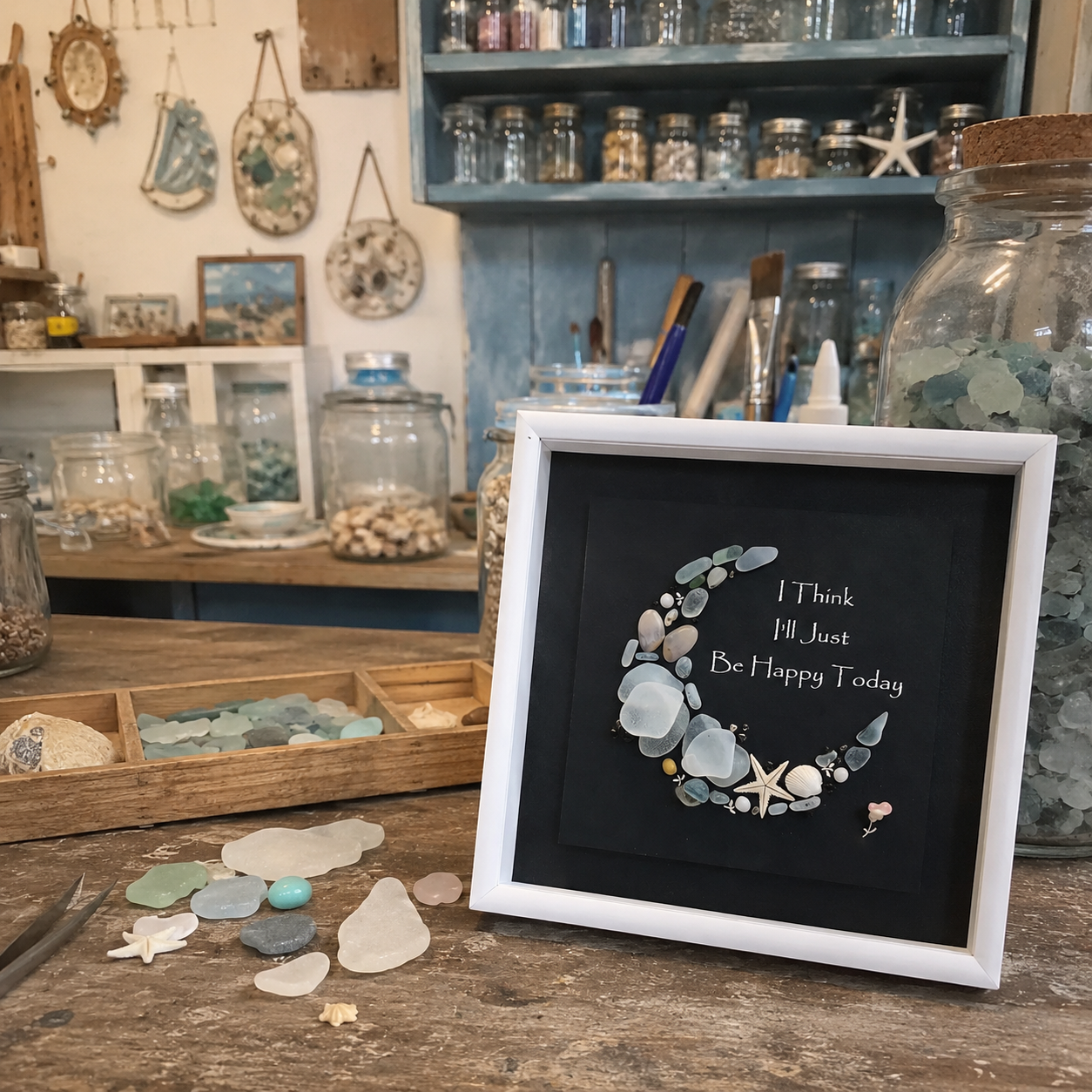 “I Think I’ll Just Be Happy Today” Sea Glass Moon Art 🌙✨