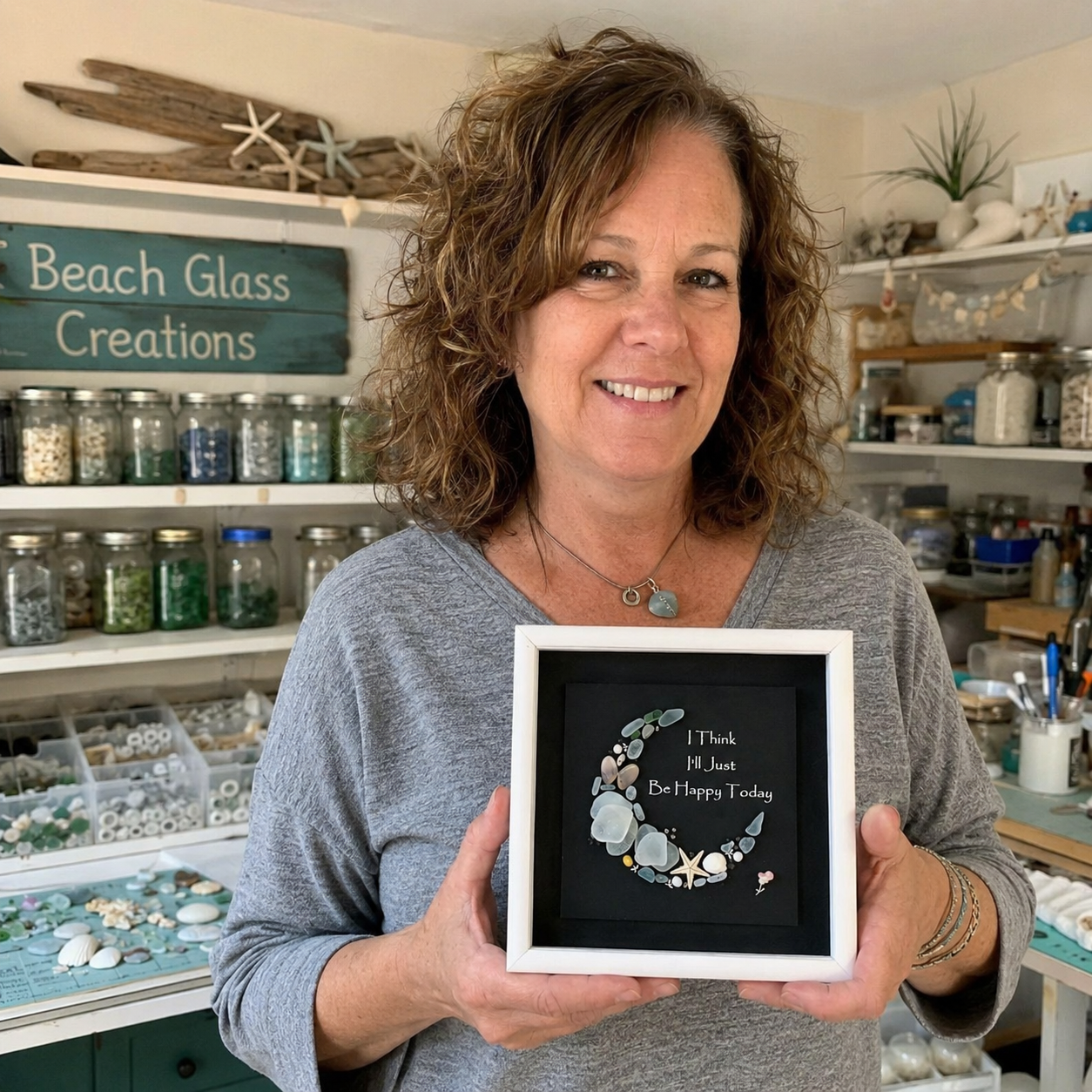 “I Think I’ll Just Be Happy Today” Sea Glass Moon Art 🌙✨