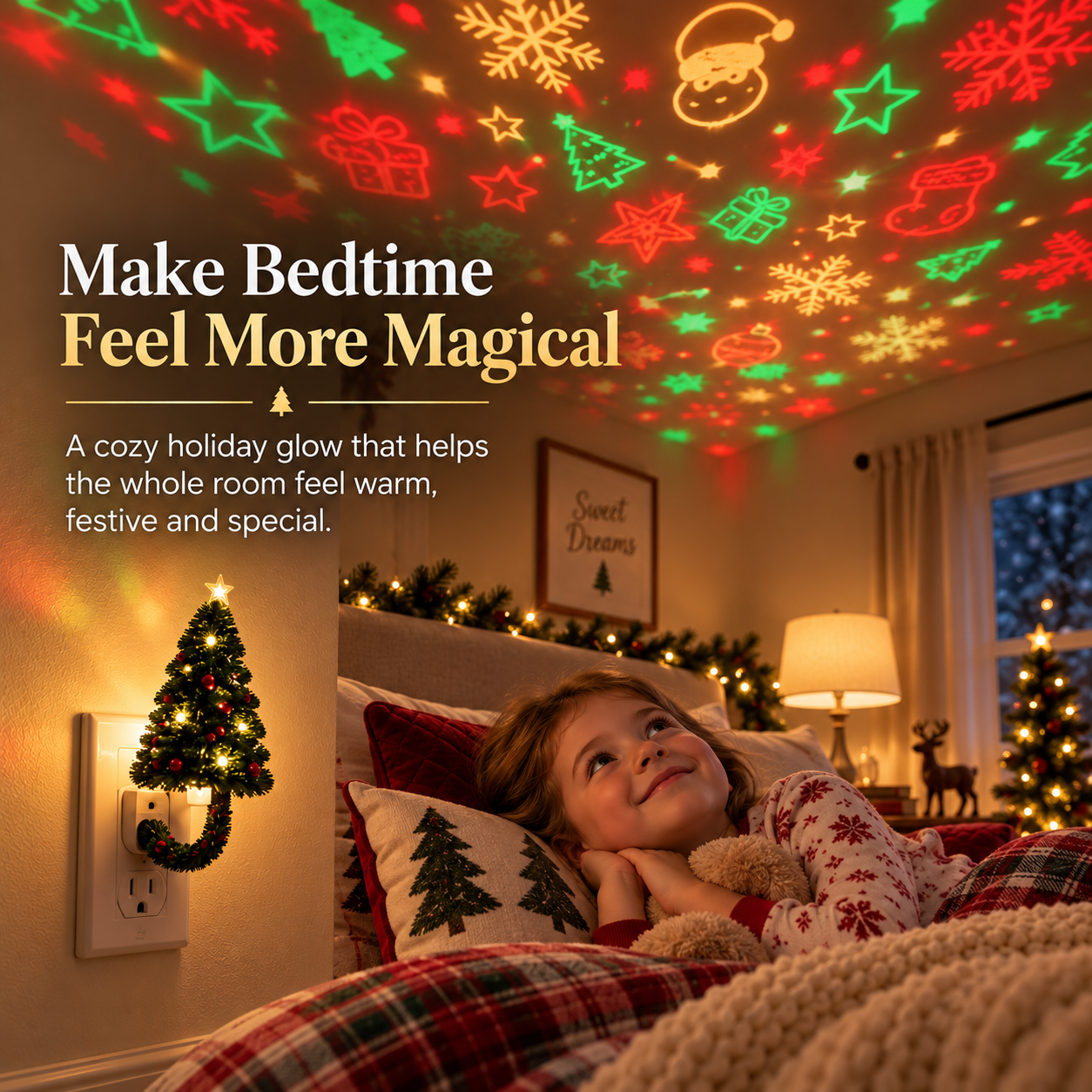 Child enjoying Christmas ceiling projection from bed