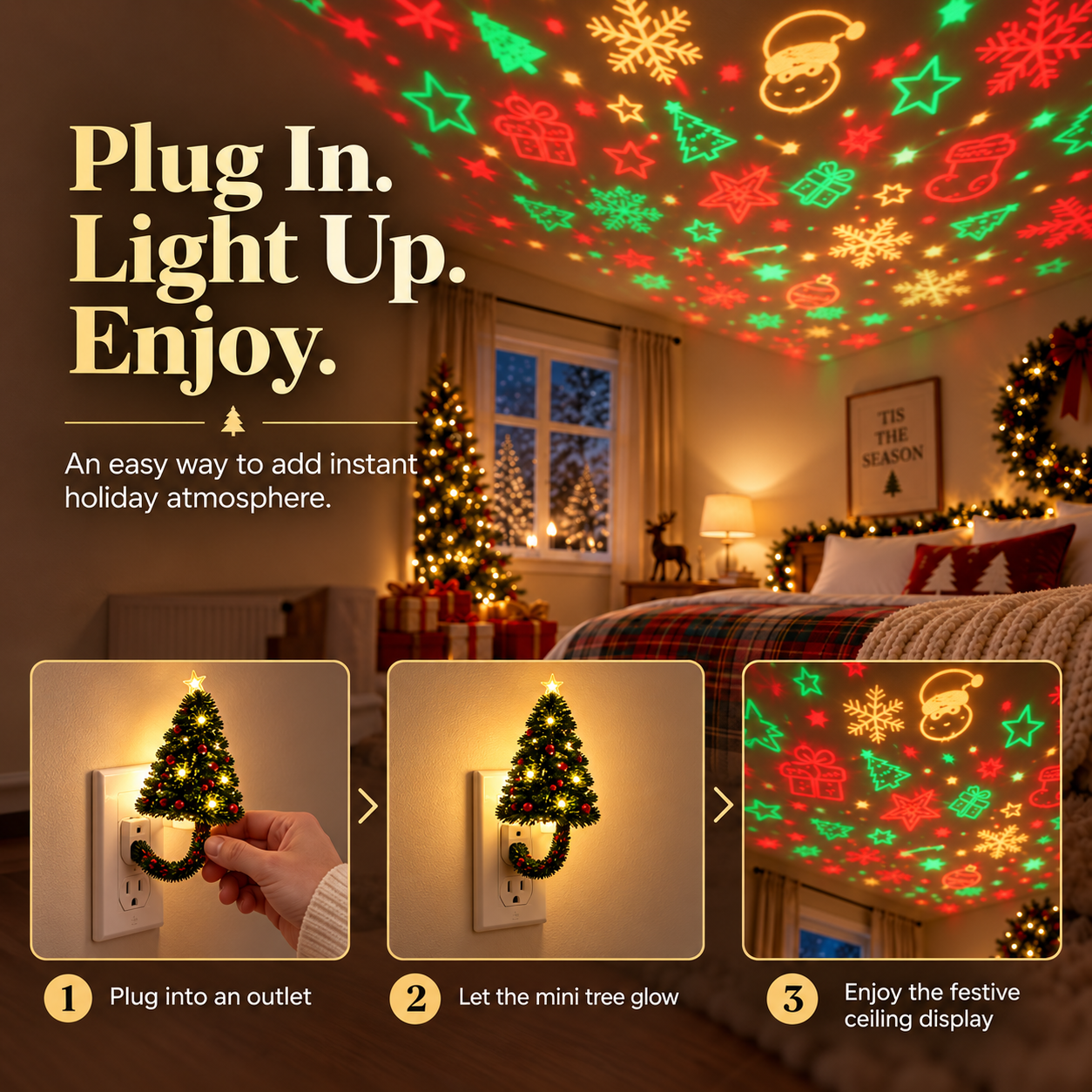 Three steps plug in Christmas tree projector