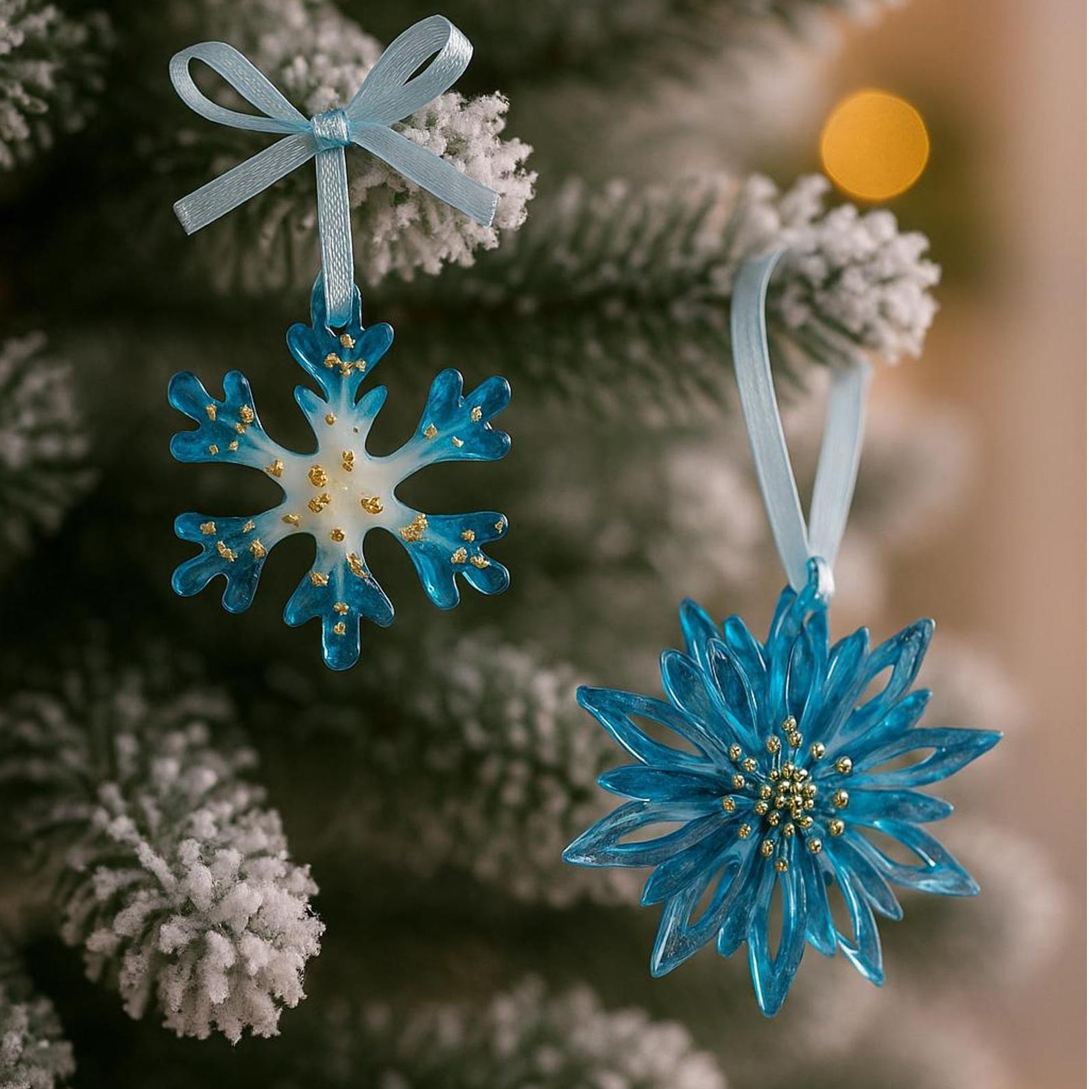 Handmade Resin Christmas Ornaments: Blue and Gold Holiday Decor