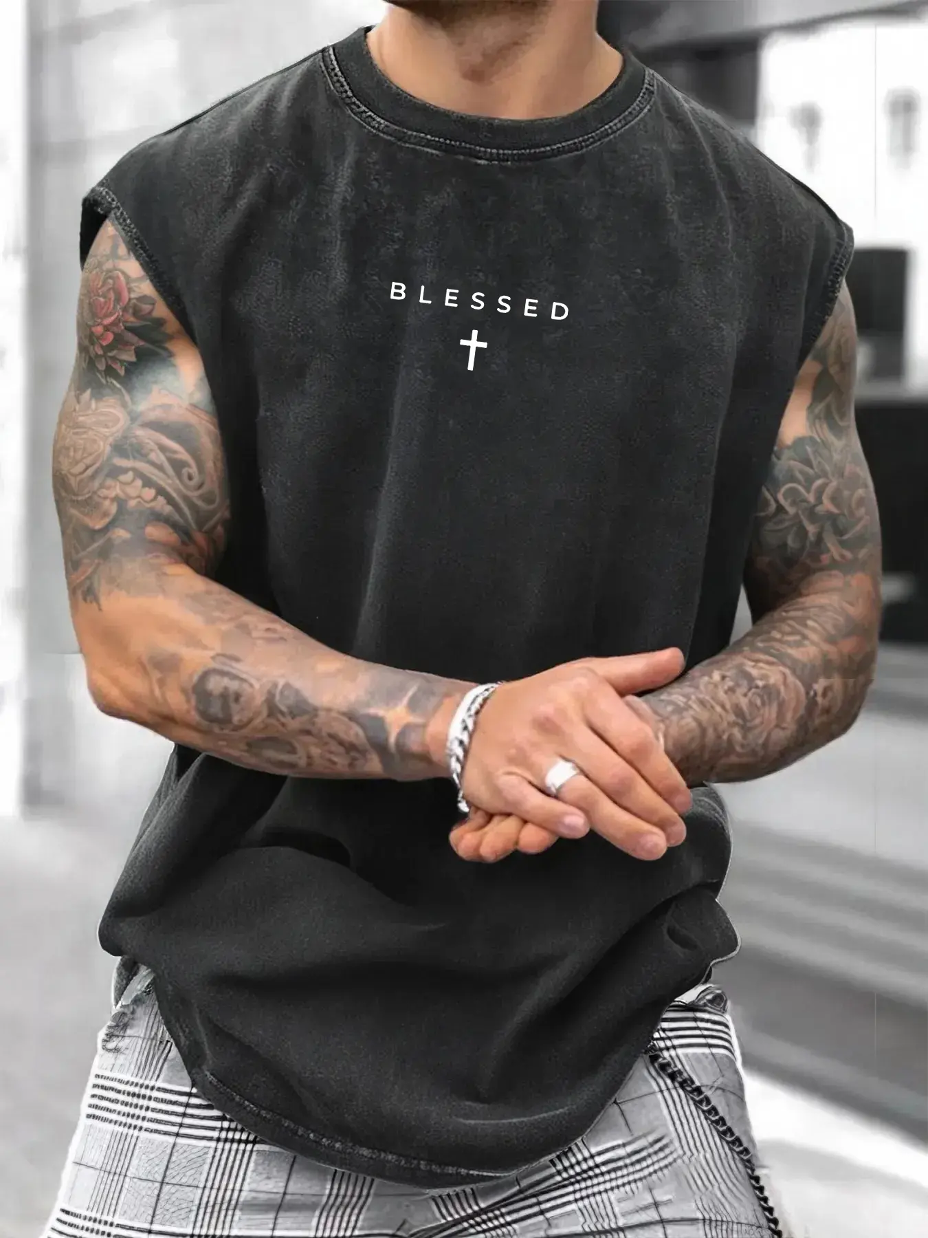 Men's Loose-Fit Sleeveless Short Graphic T-Shirt, Pure Cotton Breathable Streetwear, Street Style Summer Top, Casual Fashion Design for Daily Wear & Sports, Clothes, Menswear