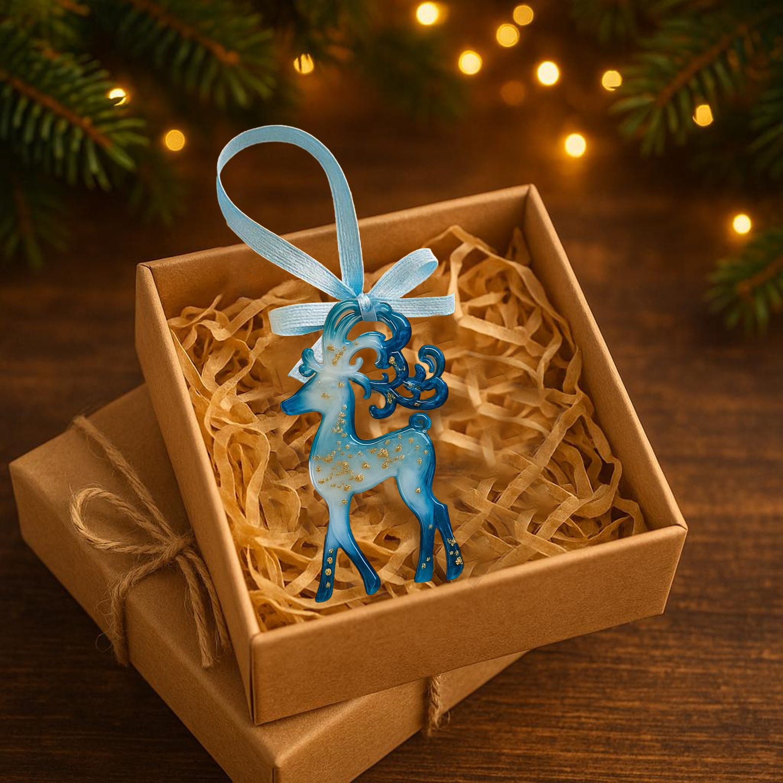 Handmade Resin Christmas Ornaments: Blue and Gold Holiday Decor