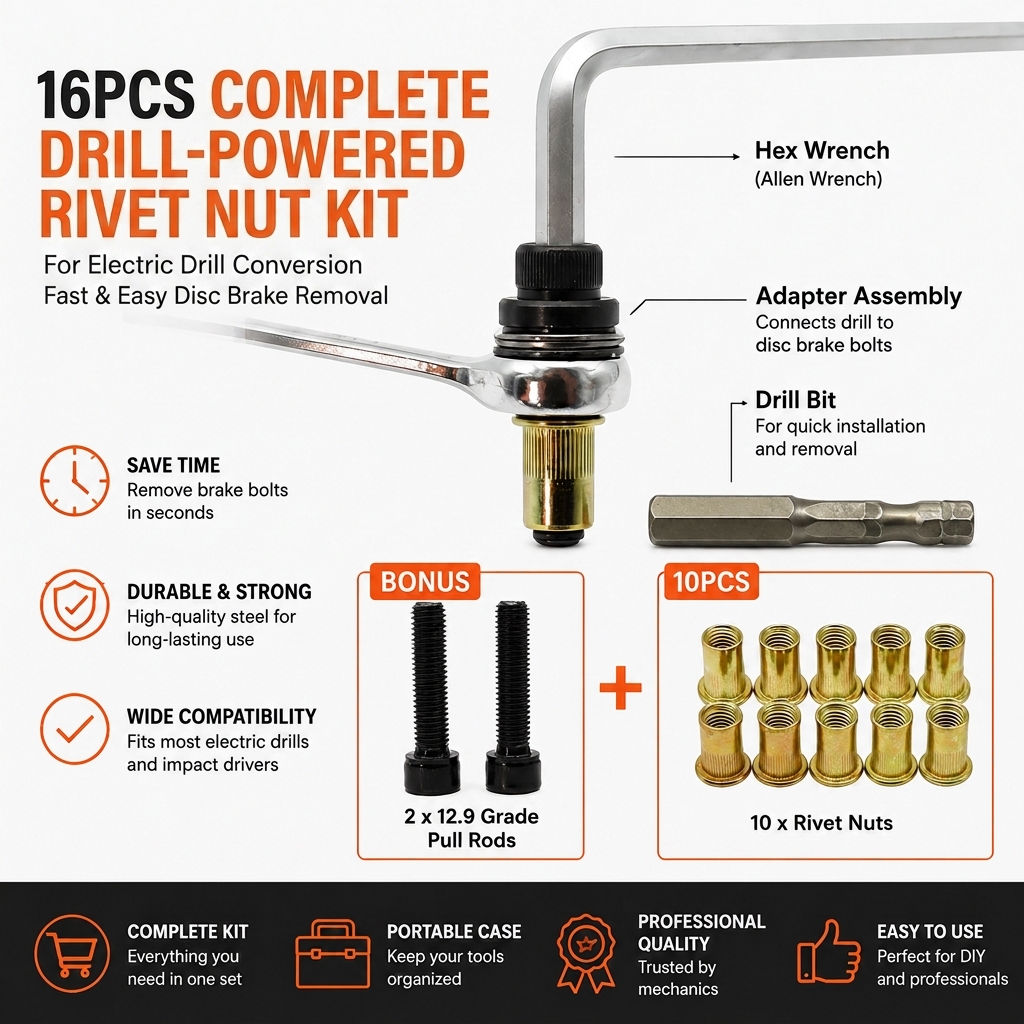 Complete Drill-Powered Rivet Nut Kit – M3–M8 Threaded Insert Tool Set🔧 