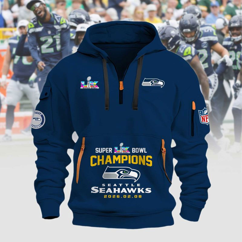 Seattle Seahawks Super Bowl LX 2026 2D Quarter Zip Hoodie Sizes NAVY S - 5XL GTS015316