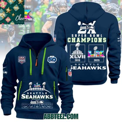 Seattle Seahawks Super Bowl LX 2026 2D Quarter Zip Hoodie Sizes S - 5XL