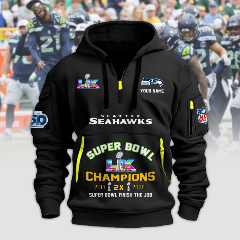Seattle Seahawks Super Bowl LX 2026 2D Quarter Zip Hoodie Sizes S - 5XL