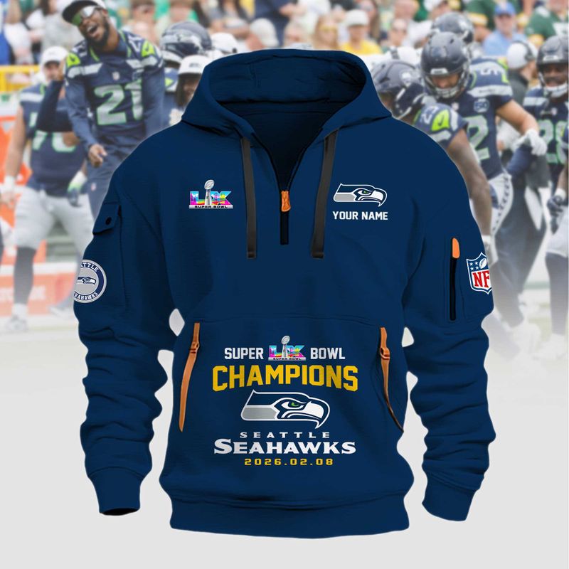Seattle Seahawks Super Bowl LX 2026 2D Quarter Zip Hoodie Sizes S - 5XL